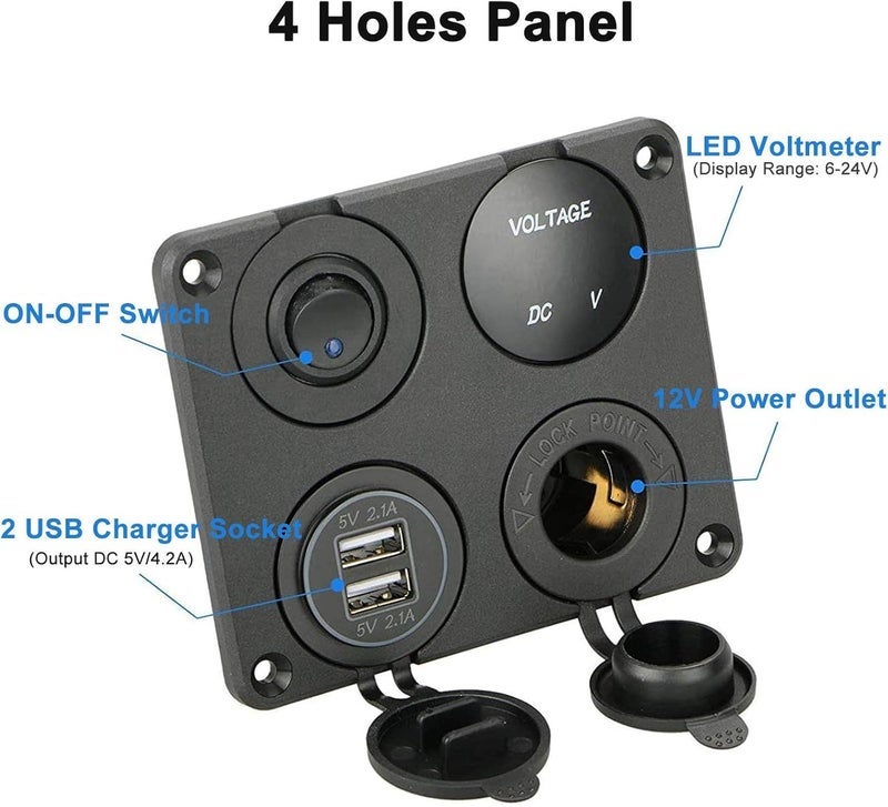 Linkstyle 4 in 1 Charger Socket Panel, 12V 4.2A Dual USB Charger Socket Power Outlet & LED Voltmeter & Cigarette Lighter Socket & LED Lighted ON Off Rocker Toggle Switch for Car Marine Boat RV Truck - Image 2